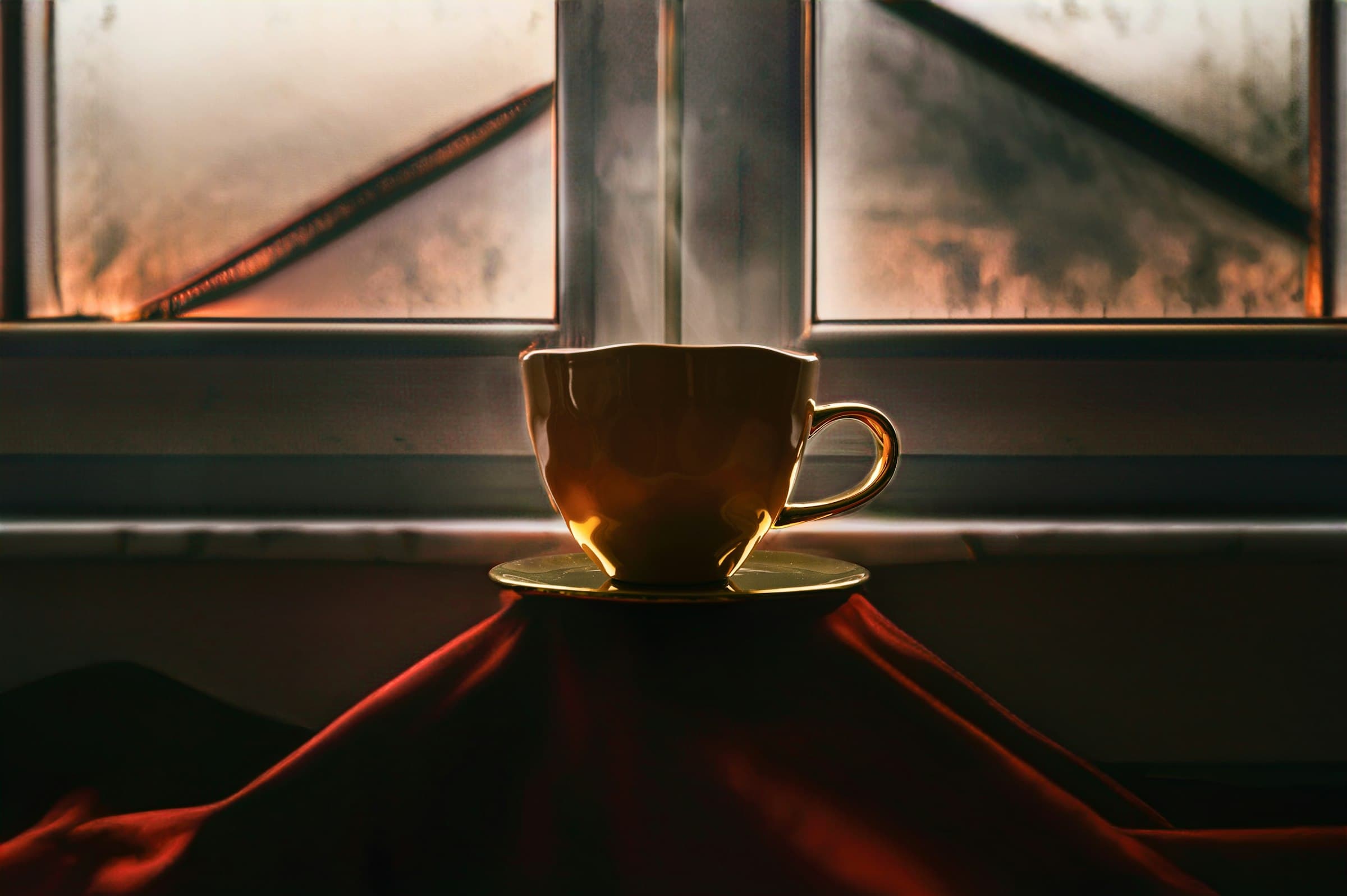 A cup on a windowsill in low evening light.